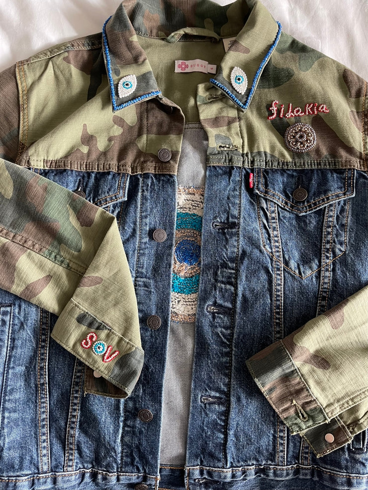 Camo Denim Jacket with Hand Embroidered French Knot Evil Eye