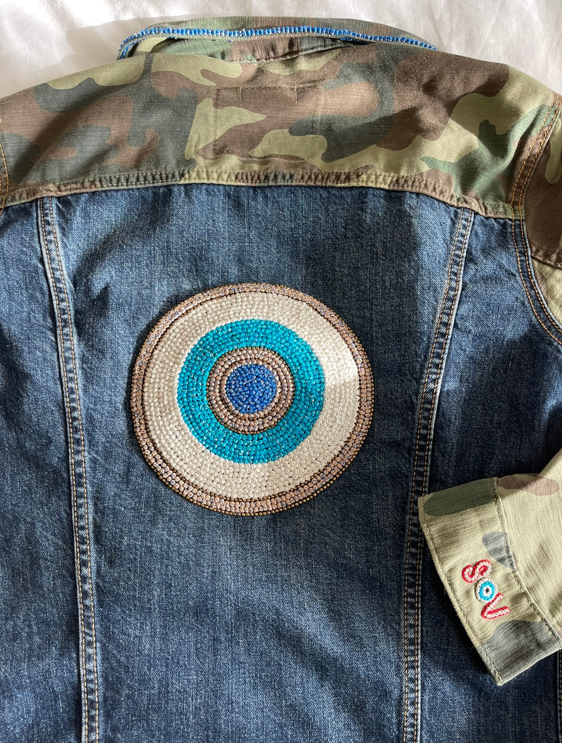 Camo Denim Jacket with Hand Embroidered French Knot Evil Eye