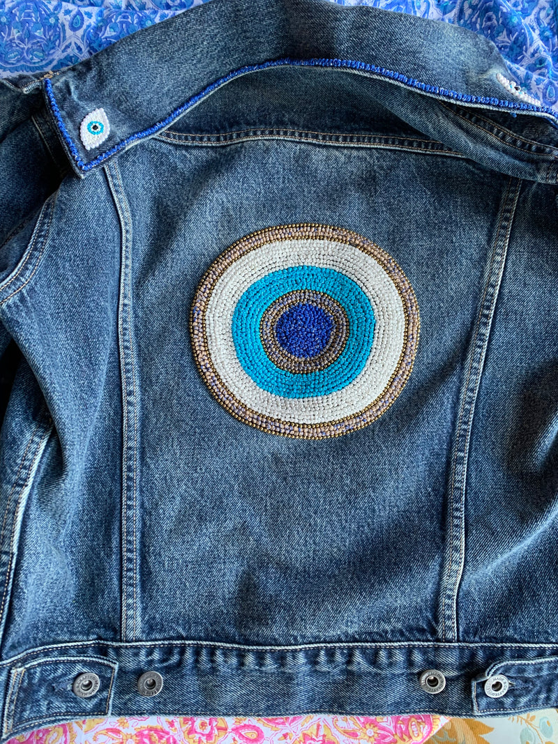 Hand Embroidered French Knot Evil Eye Denim Jacket