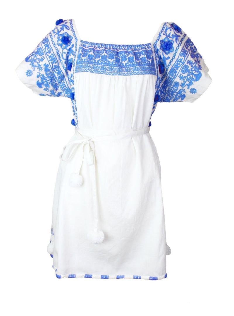blue and white greek dress Kiki Off The Shoulder Dress