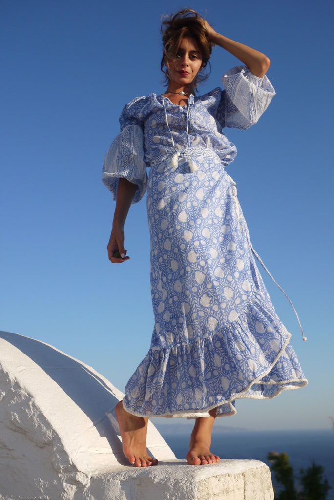 Long Wrap Skirt with Fringed Ruffle in Faridabad Flower - Grecian Blues