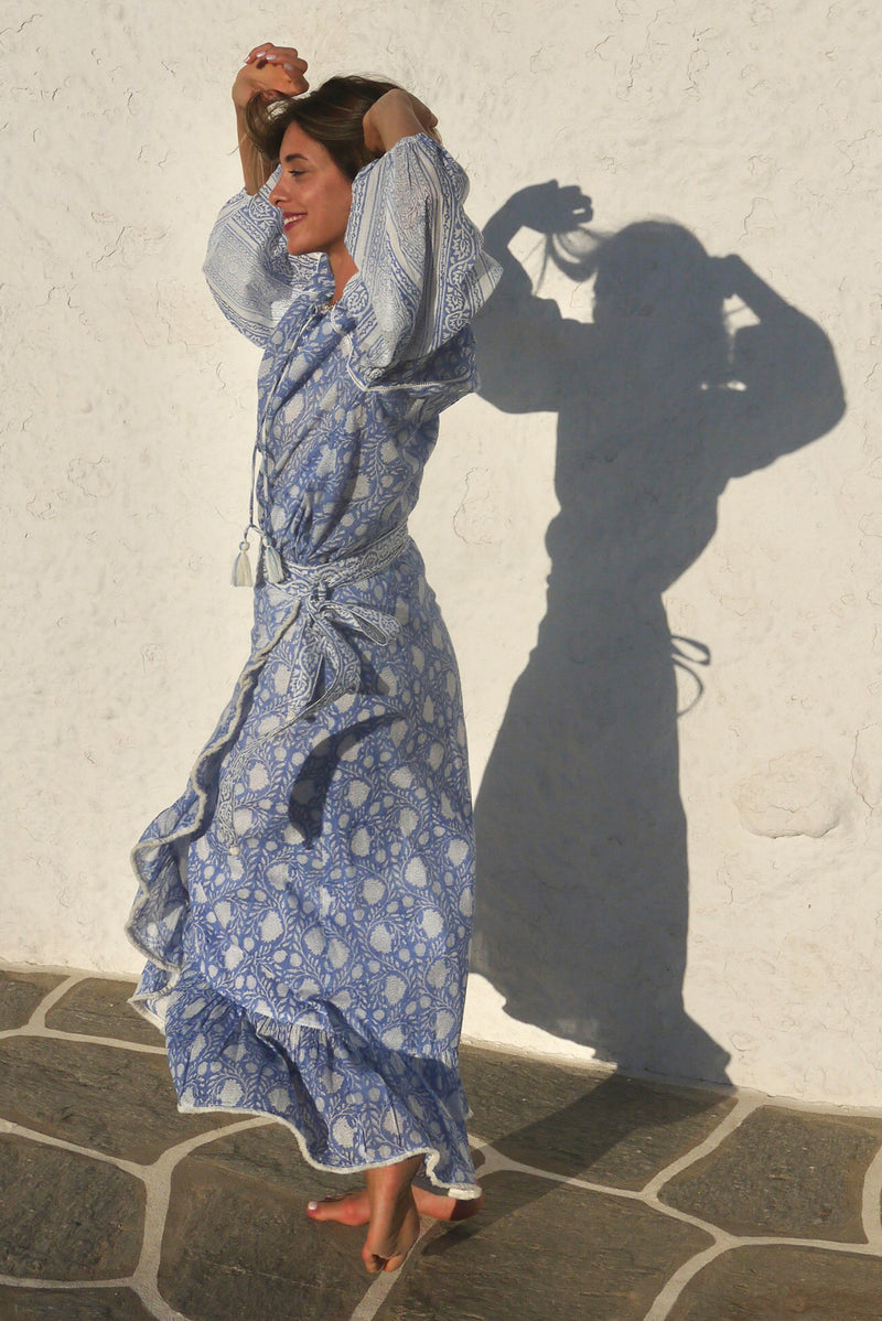 Long Wrap Skirt with Fringed Ruffle in Faridabad Flower - Grecian Blues