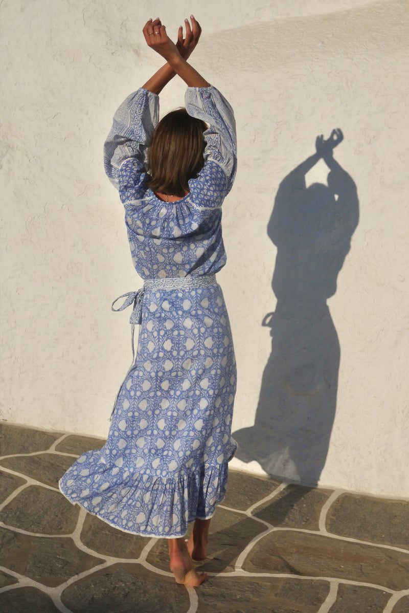 Long Wrap Skirt with Fringed Ruffle in Faridabad Flower - Grecian Blues