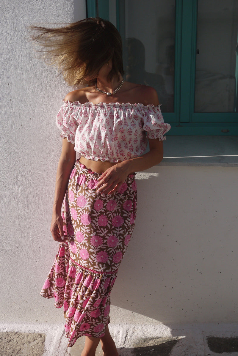 Sifnos Crop Top - Block Print with Hand Embroidery