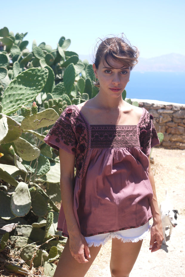 Paros Embroidered Blouse - Cocoa
