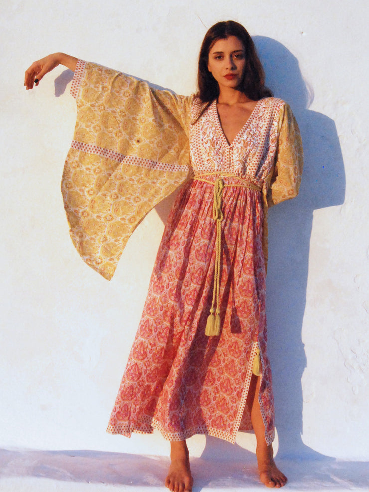 Loulou Quilted Kaftan - Marigold and Pink
