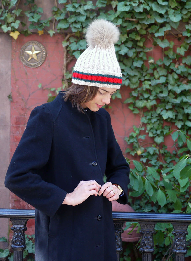 Racing Stripe Hat with Fur Pompom - Tan