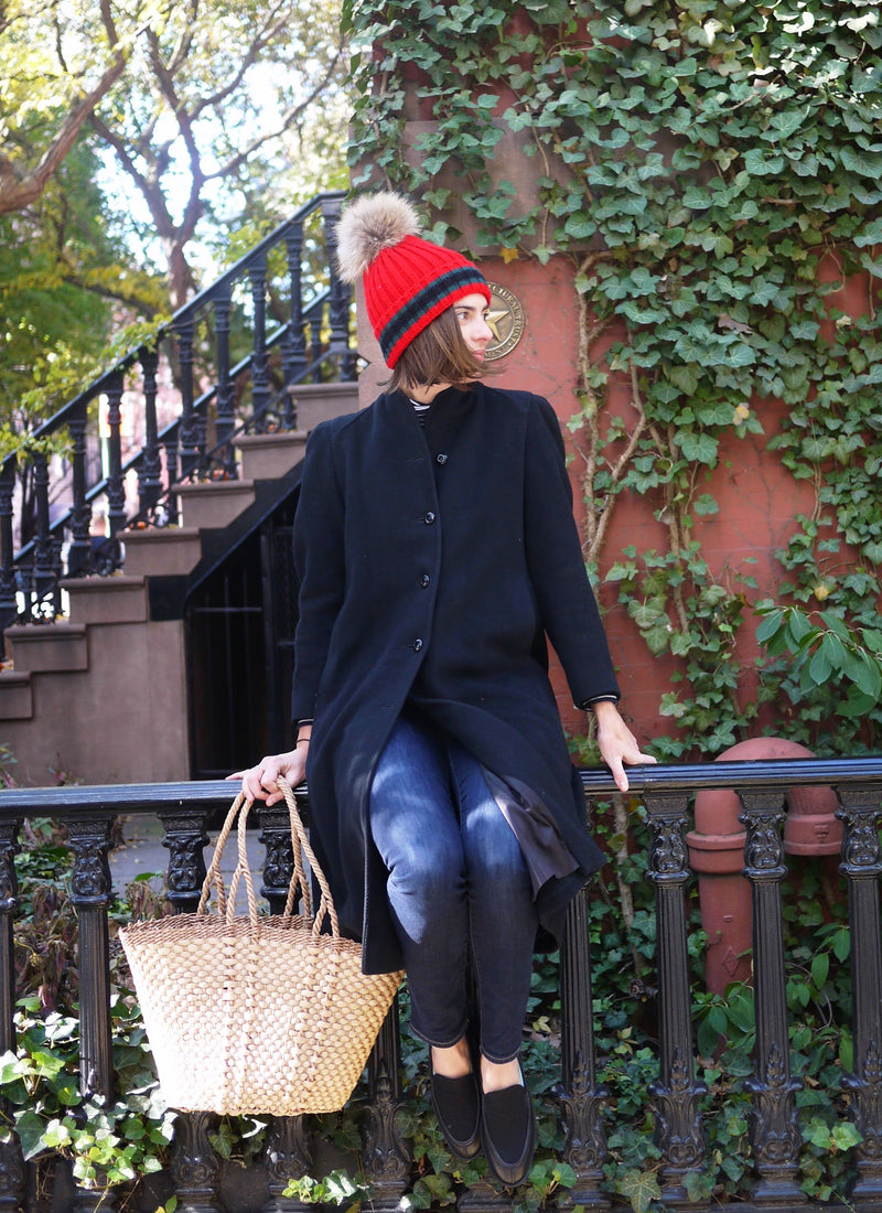 Racing Stripe Hat with Fur Pompom - Red