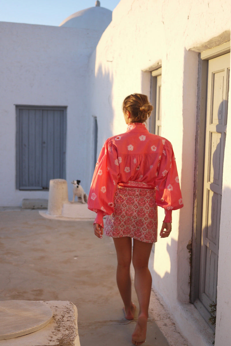 Zoe Blouse - Hand Shibori Dye Flowers with Embroidered French Knots - Coral