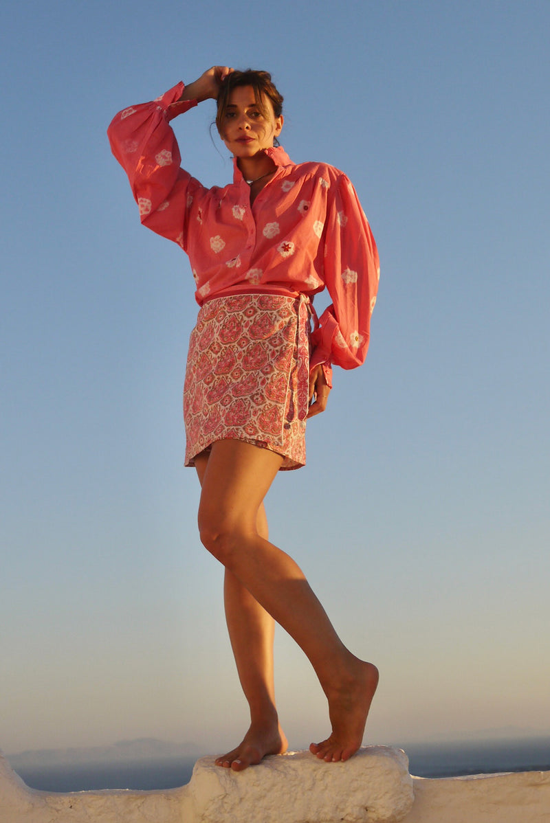 Zoe Blouse - Hand Shibori Dye Flowers with Embroidered French Knots - Coral