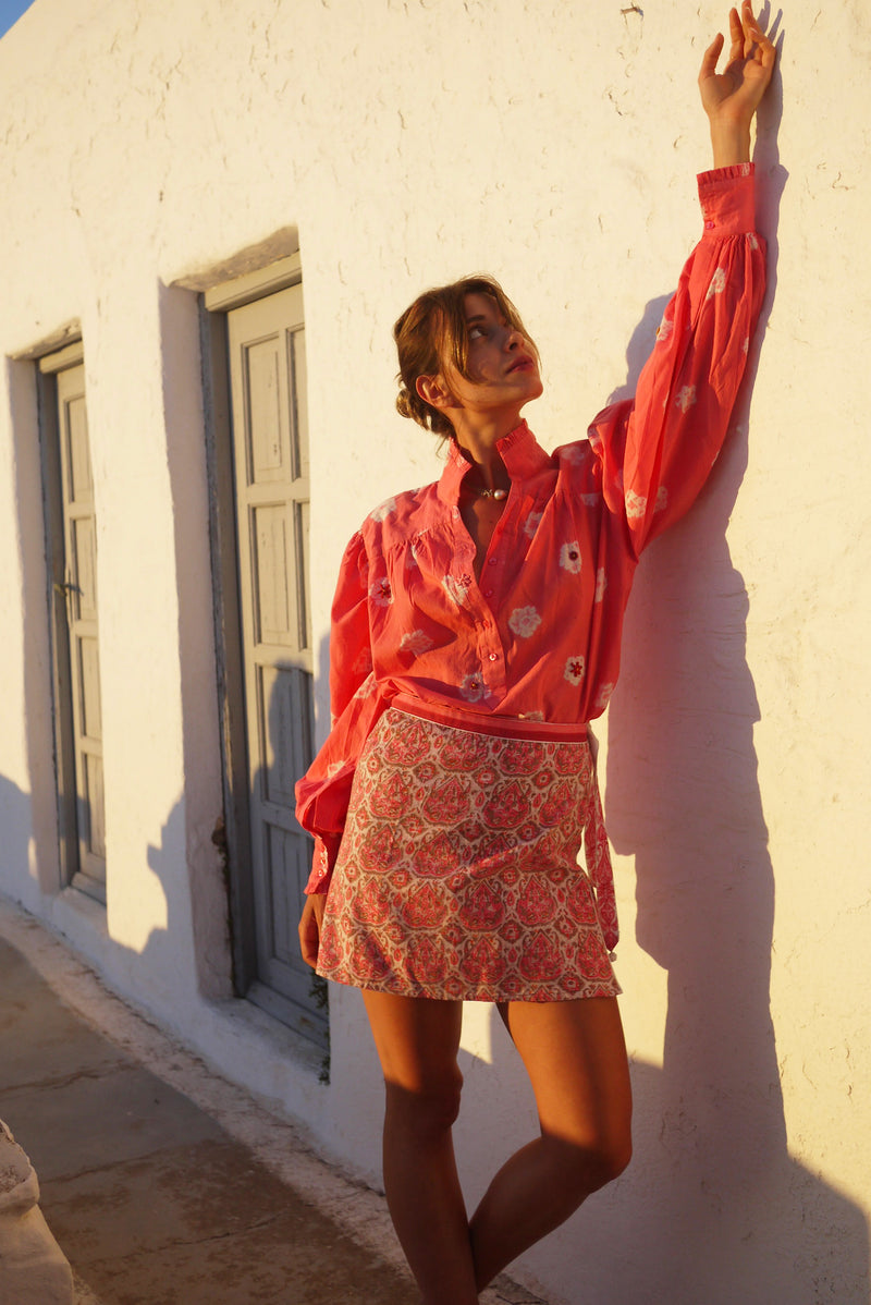 Zoe Blouse - Hand Shibori Dye Flowers with Embroidered French Knots - Coral