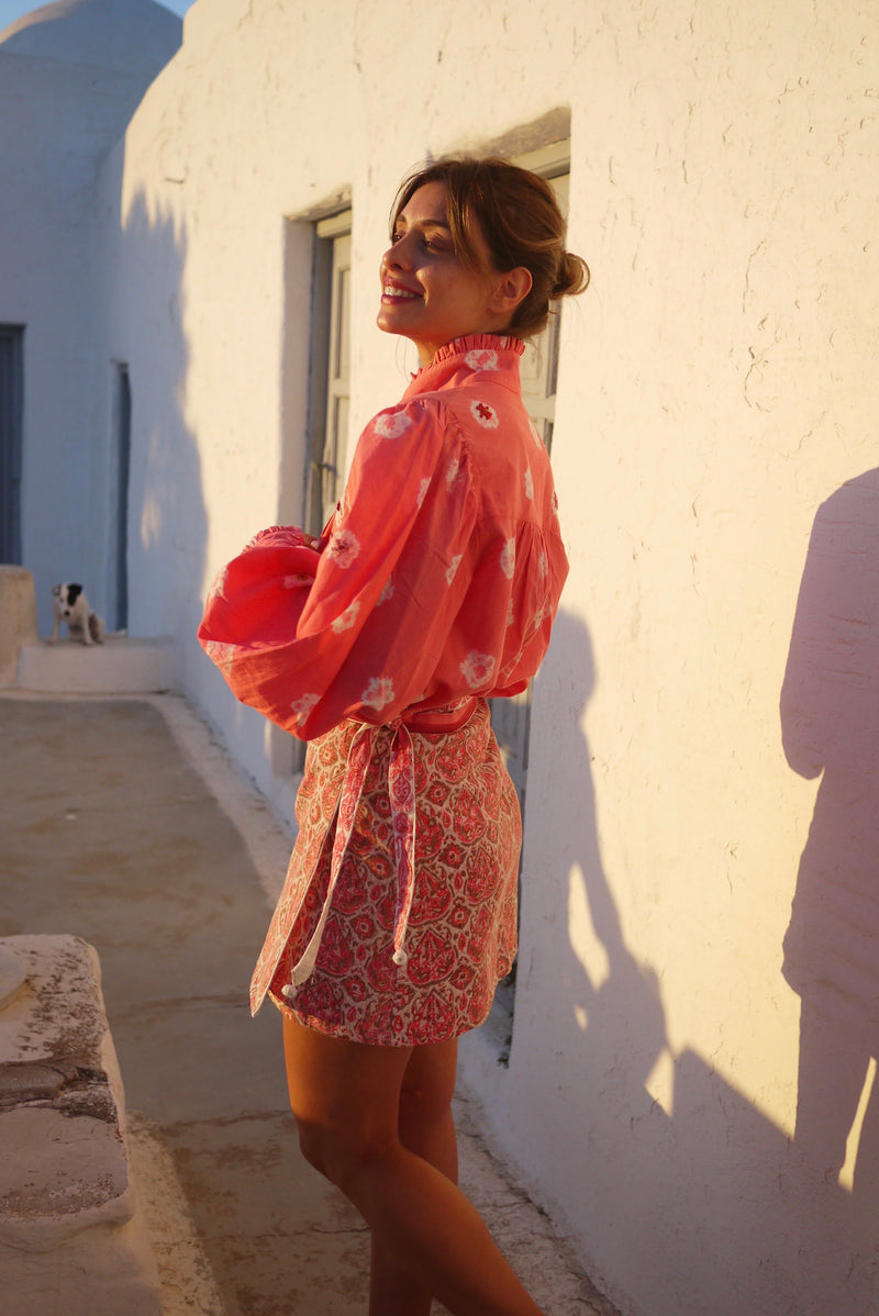 Zoe Blouse - Hand Shibori Dye Flowers with Embroidered French Knots - Coral