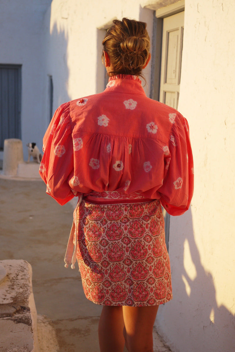 Zoe Blouse - Hand Shibori Dye Flowers with Embroidered French Knots - Coral