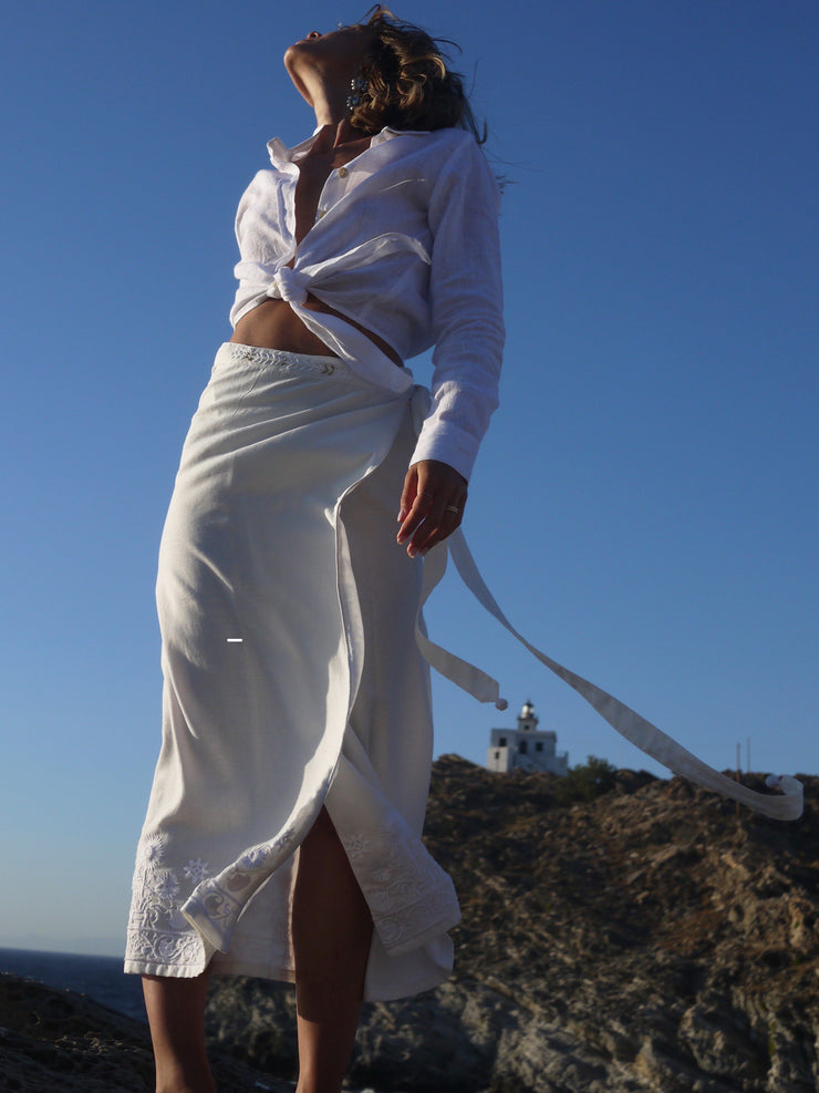 Arsenia Aline Long Embroidered Wrap Skirt in Linen - Ivory