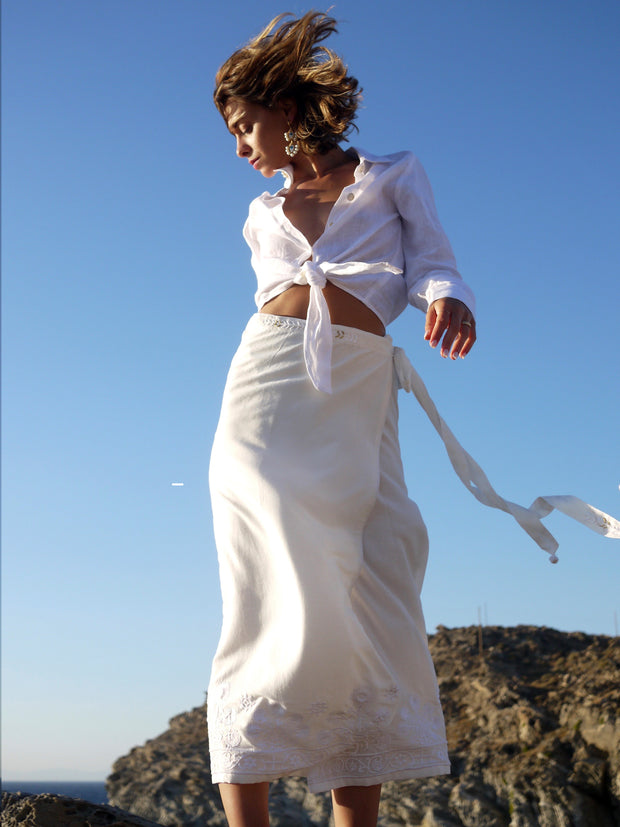 Arsenia Aline Long Embroidered Wrap Skirt in Linen - Ivory