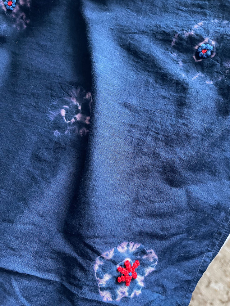 Zoe Blouse - Hand Shibori Dye Flowers with Embroidered French Knots - Navy