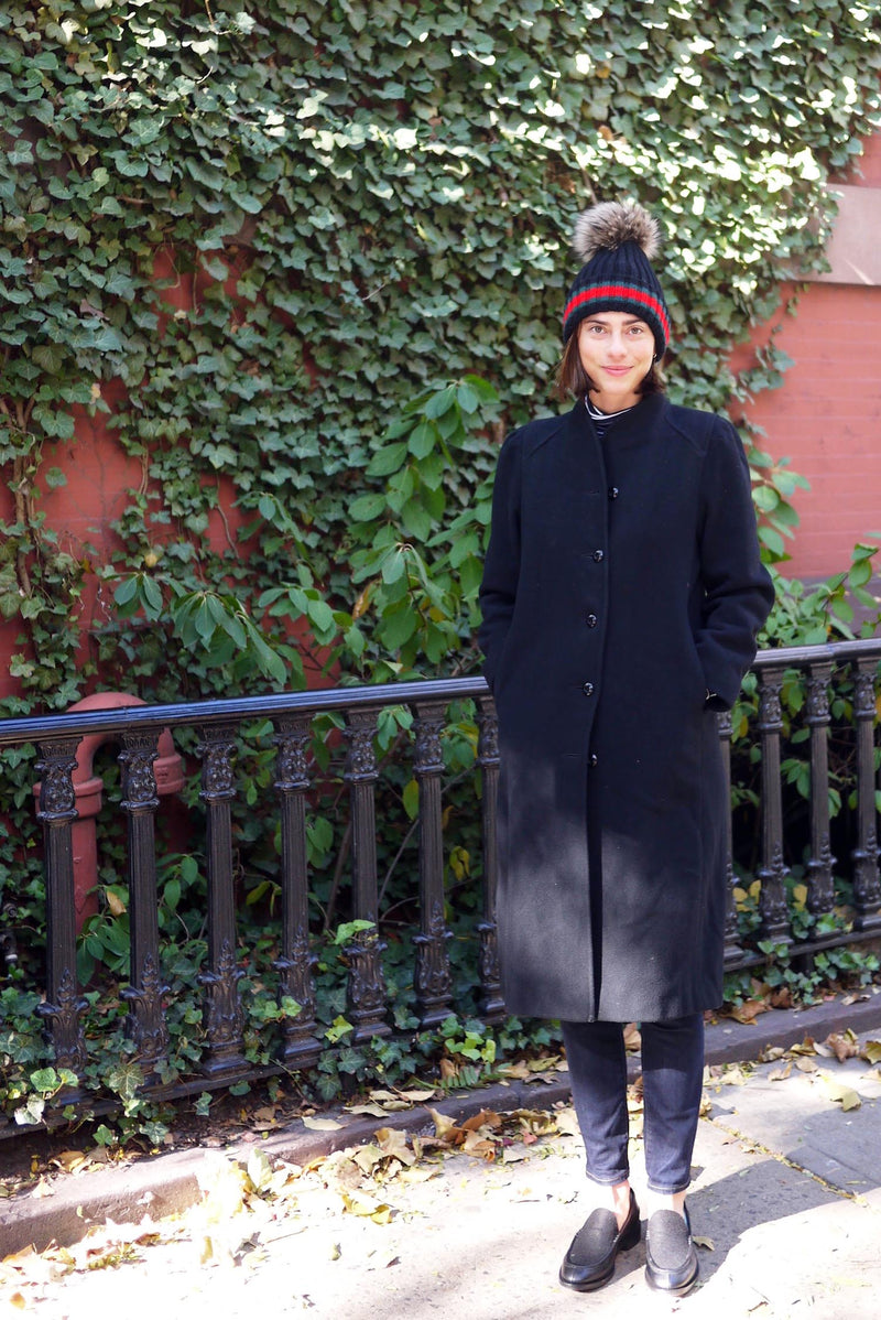 Racing Stripe Hat with Fur Pompom - Black