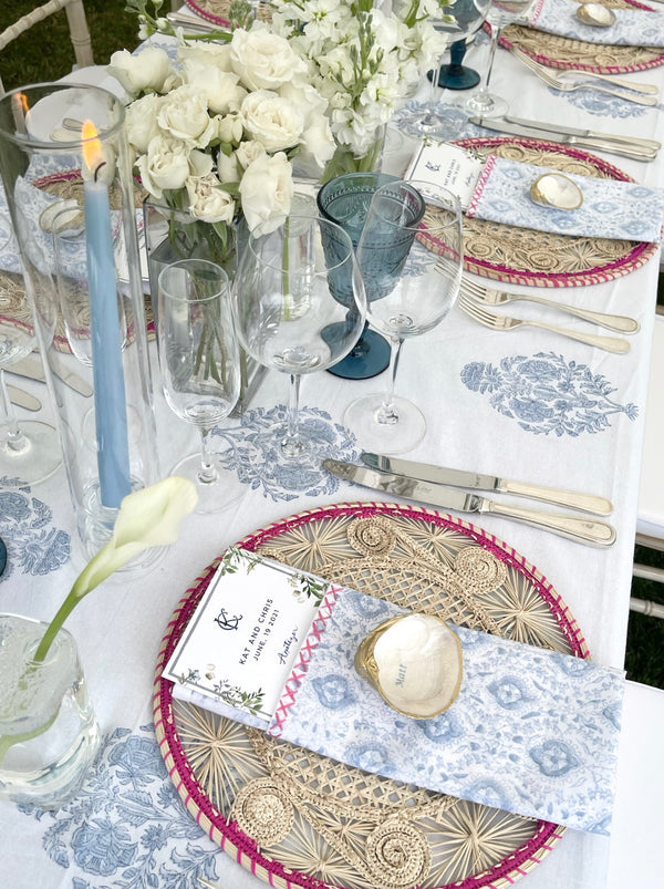 Modern Floral Tablecloth with Hand Embroidered Border in Nantucket Grey - MORE SIZES