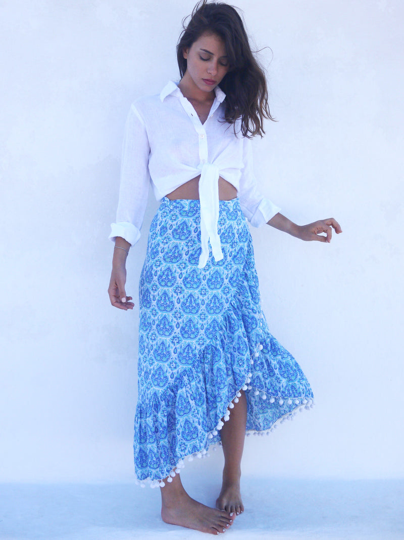 Katerina Long Ruffle Skirt in Nettie Greek Blue