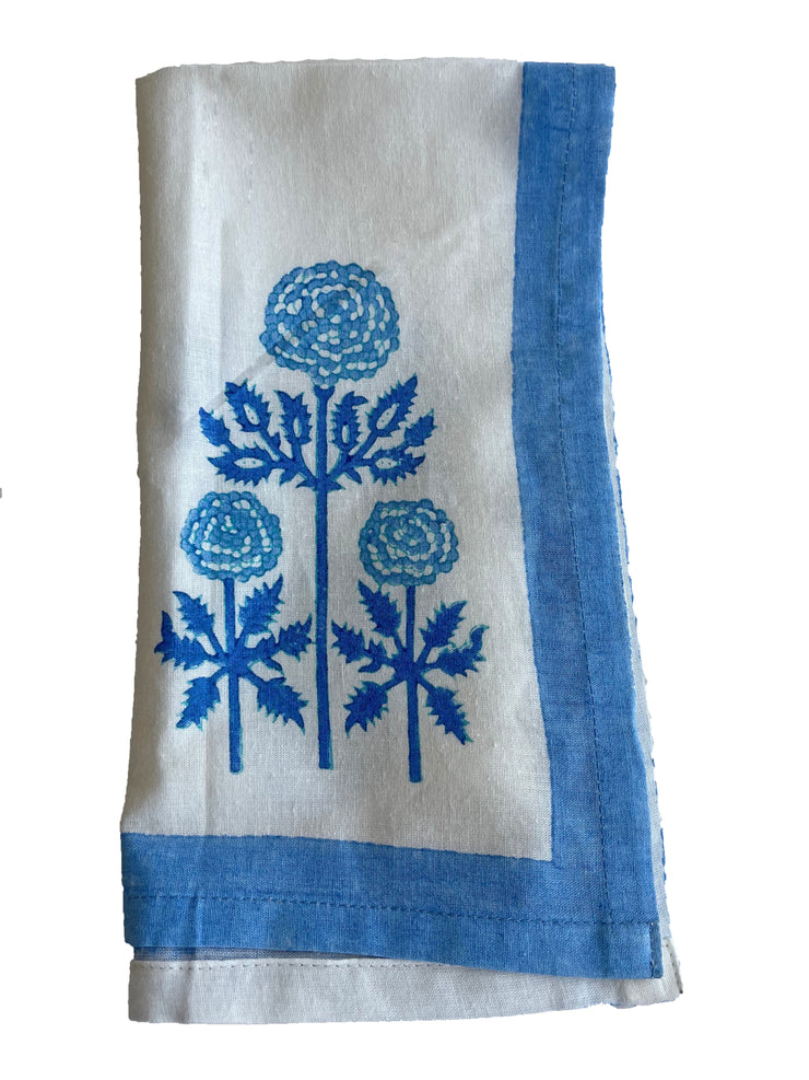 Modern Floral Napkins with Wide Solid Border in Grecian Blues, Set of 4