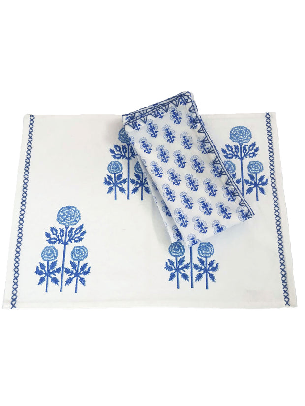 Modern Floral Placemat with Embroidered Border in Grecian Blues, Set of 4