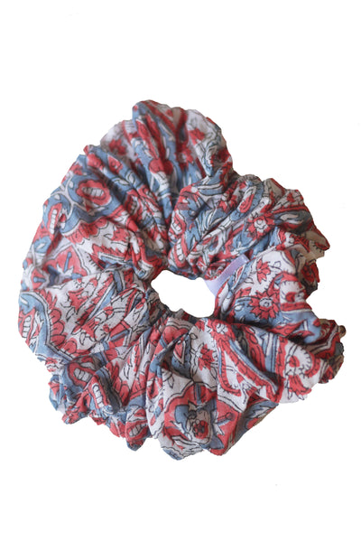Blockprint Hair Scrunchie in Nettie Blue Grey and Nantucket Red