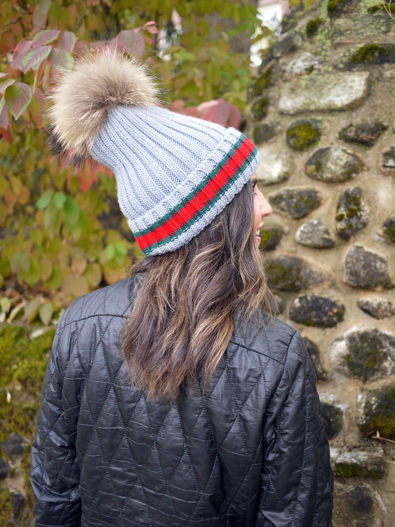 Racing Stripe Hat with Fur Pompom - Grey