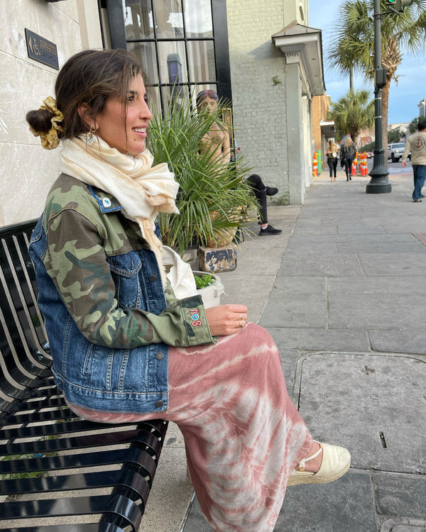 Camo Denim Jacket with Hand Embroidered French Knot Evil Eye