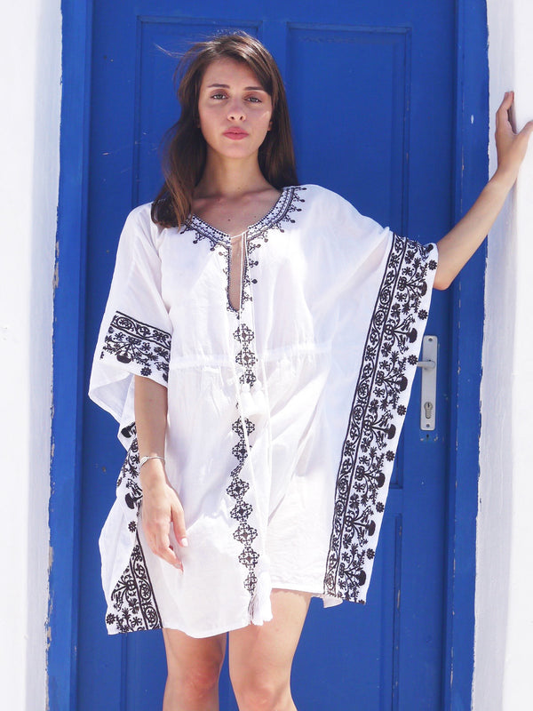 Danae Short Embroidered Kaftan with Evil Eye - Chocolate