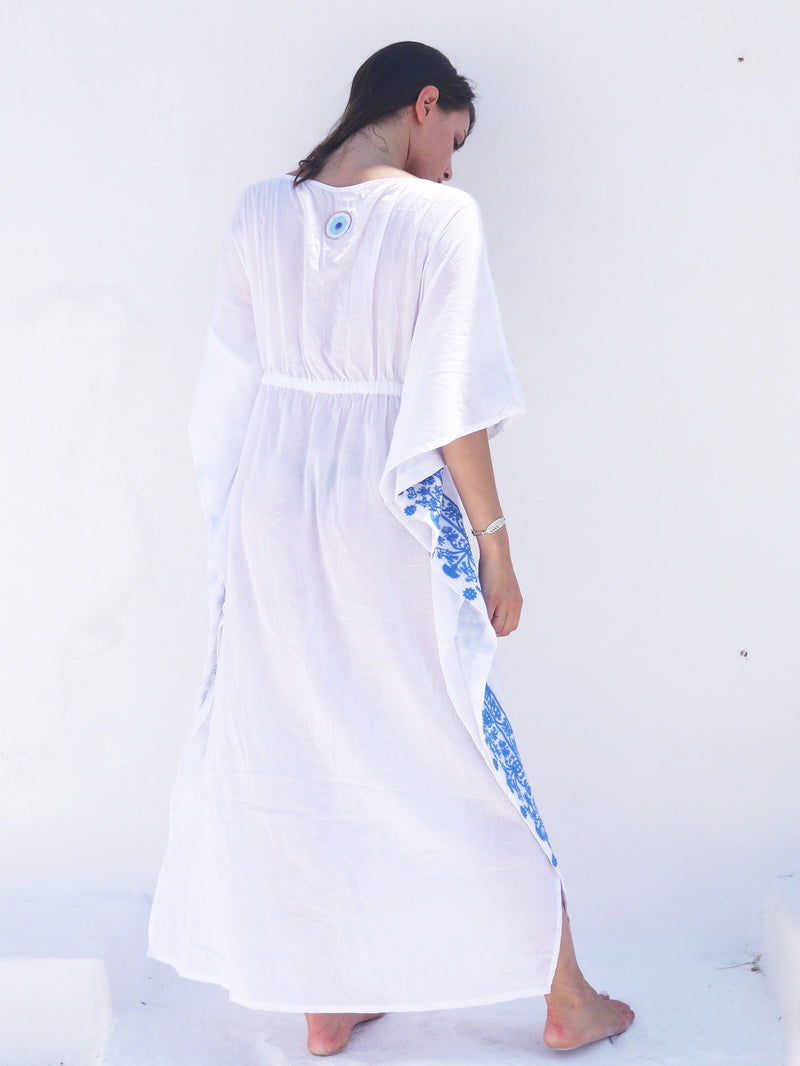 Aphrodite Long Embroidered Kaftan with Evil Eye - Grecian Blue