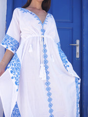 Aphrodite Long Embroidered Kaftan with Evil Eye - Grecian Blue