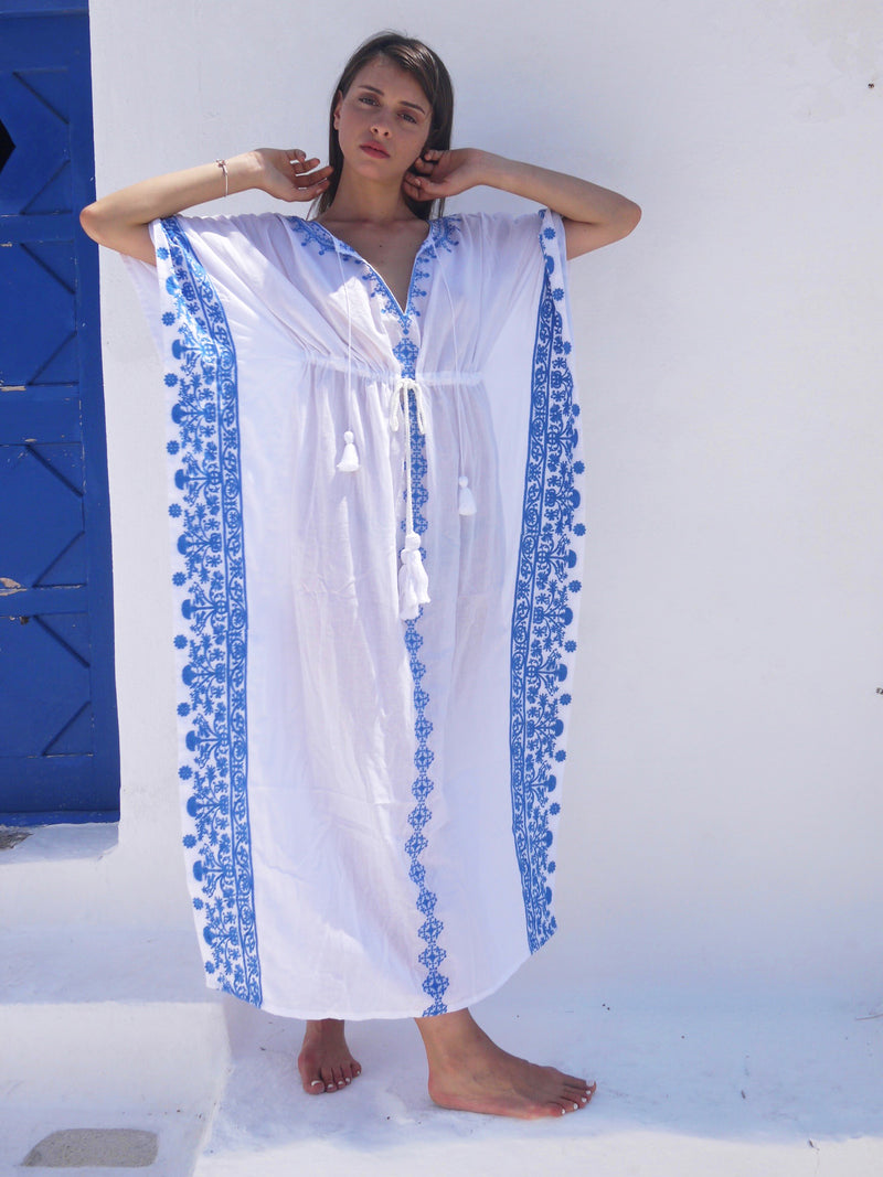 Aphrodite Long Embroidered Kaftan with Evil Eye - Grecian Blue