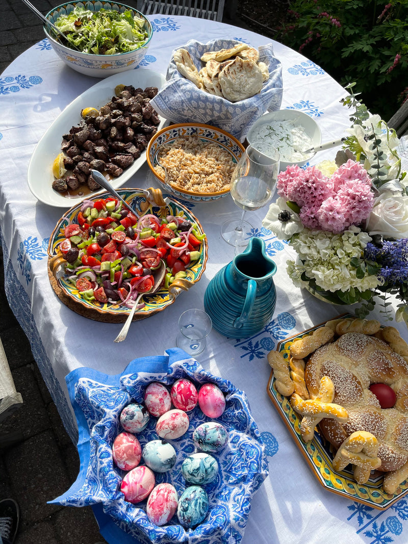 Modern Floral TABLECLOTH with Wide Border in Grecian Blues- MORE SIZES