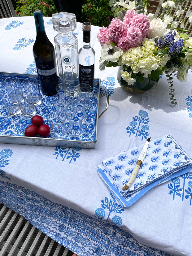 Modern Floral TABLECLOTH with Wide Border in Grecian Blues- MORE SIZES