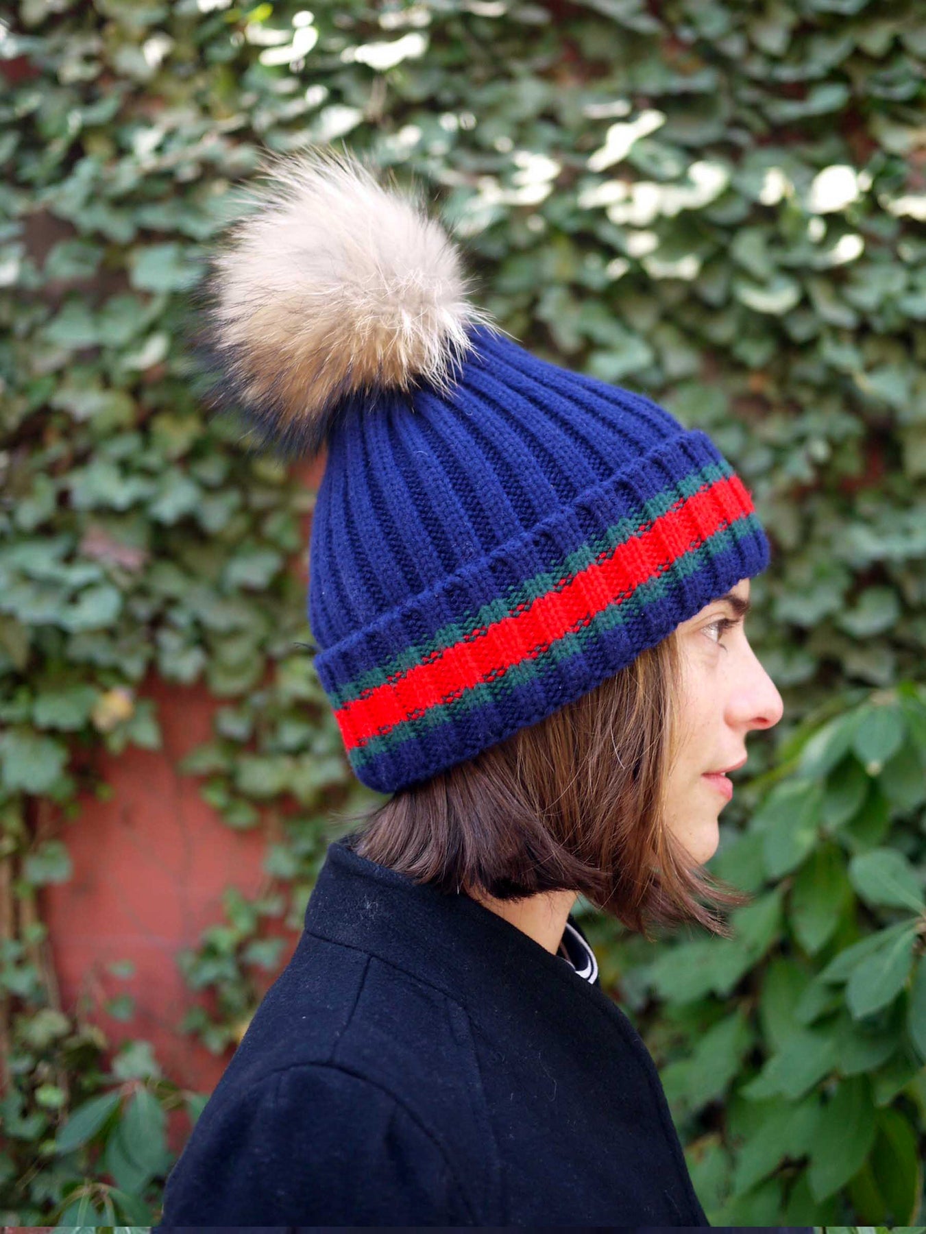 Racing Stripe Hat with Fur Pompom - Black – Buggy NYC