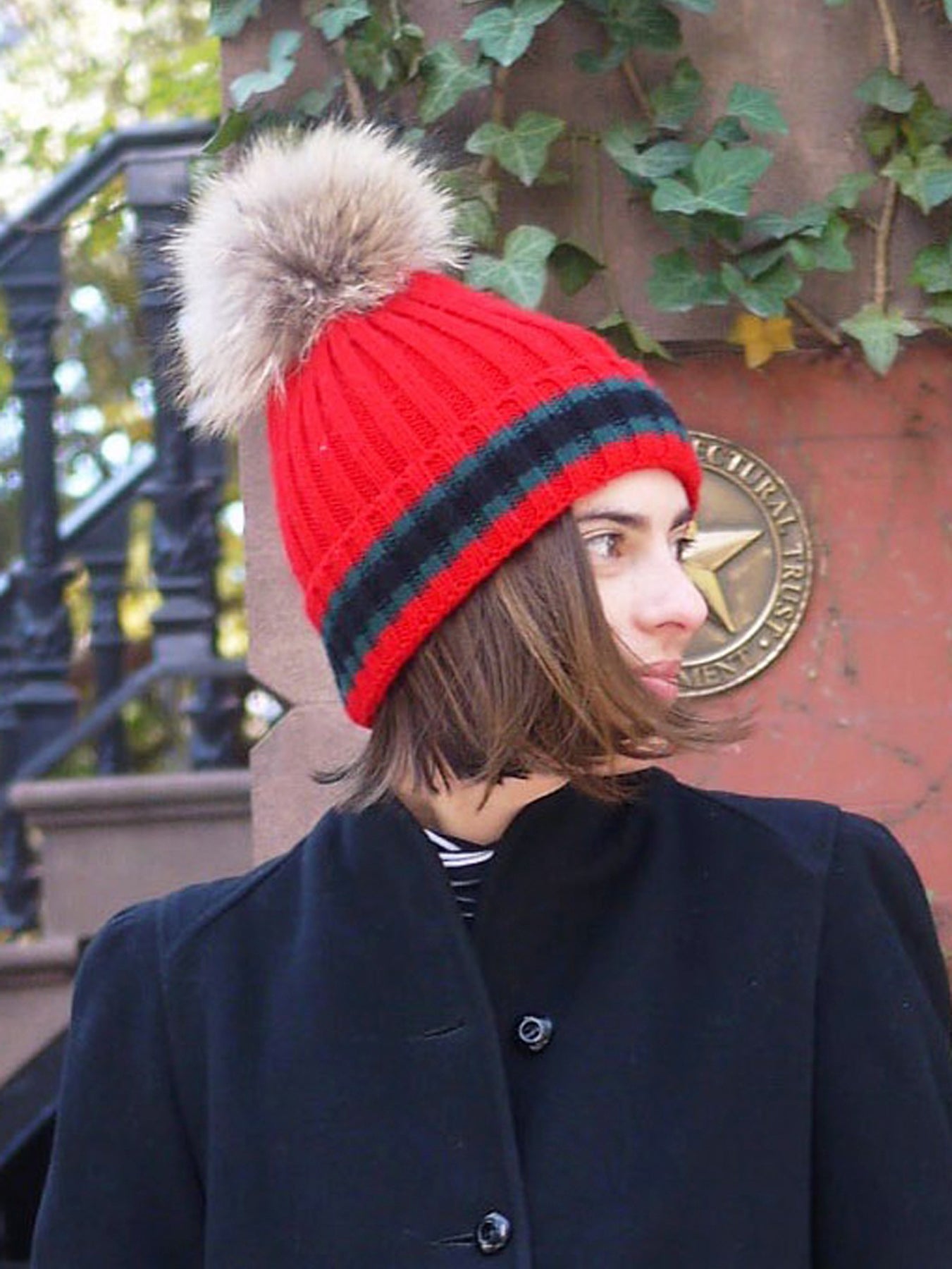 Racing Stripe Hat with Fur Pompom - Black – Buggy NYC