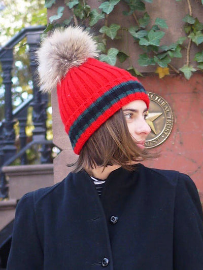 Racing Stripe Hat with Fur Pompom - Red