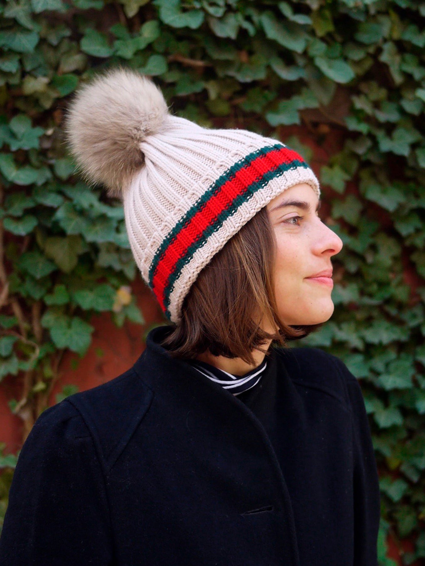 Racing Stripe Hat with Fur Pompom - Tan – Buggy NYC