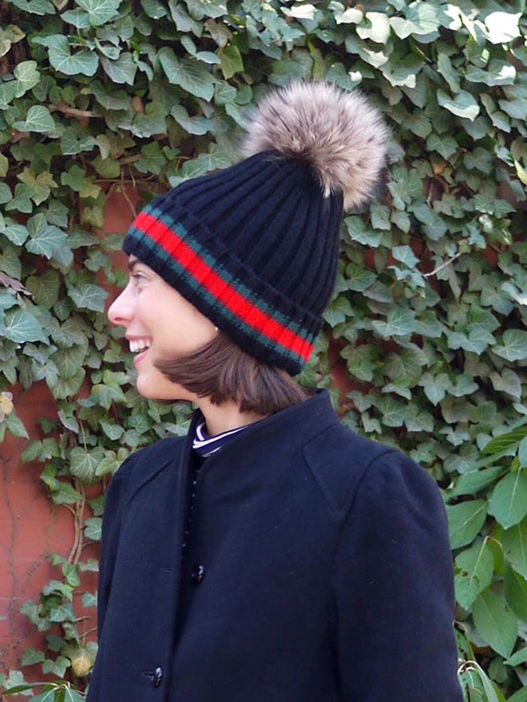 Racing Stripe Hat with Fur Pompom - Black