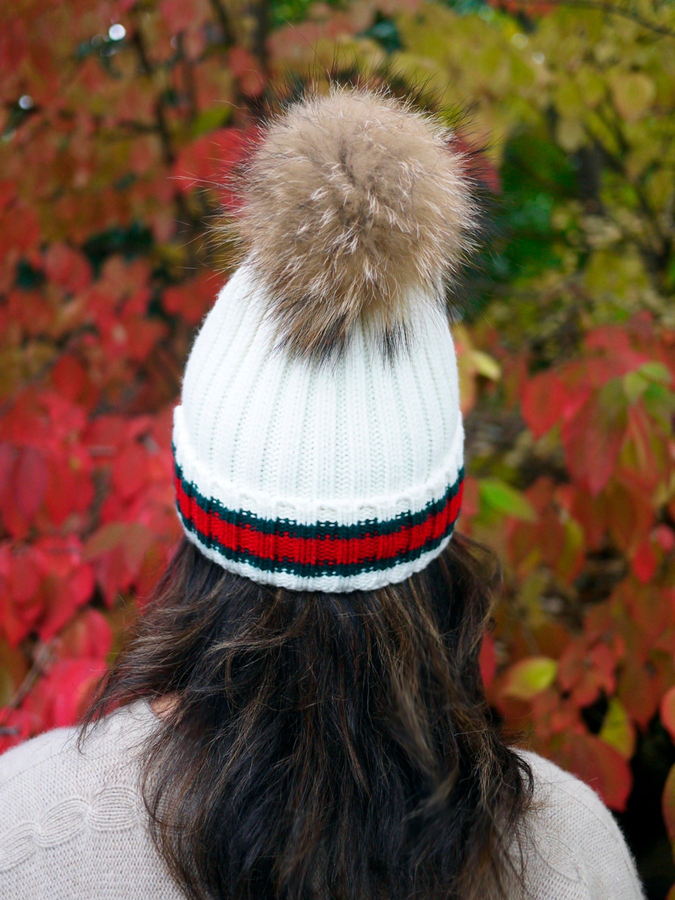 Racing Stripe Hat with Fur Pompom - White – Buggy NYC