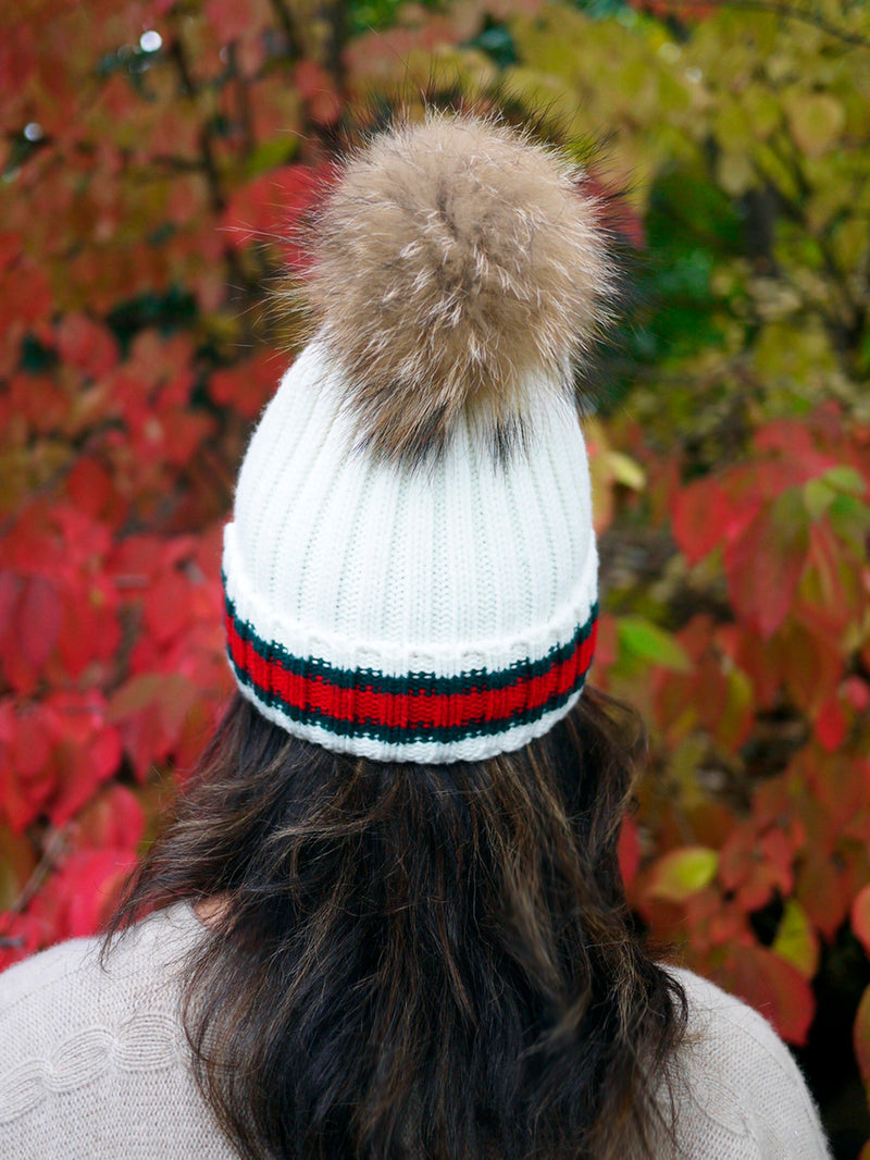 Racing Stripe Hat with Fur Pompom - White