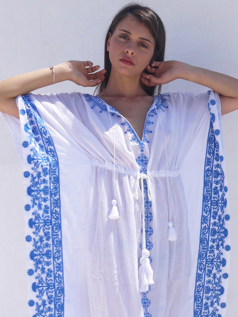 Danae Short Embroidered Kaftan with Evil Eye - Grecian Blue