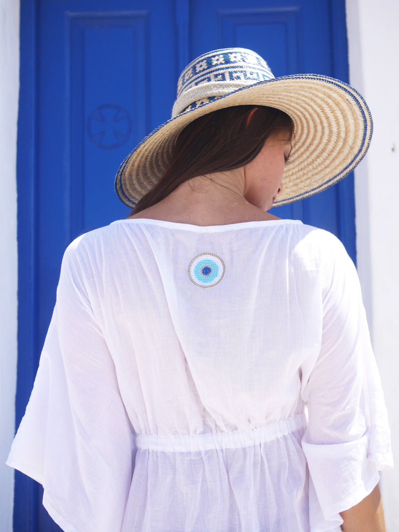 Danae Short Embroidered Kaftan with Evil Eye - Grecian Blue