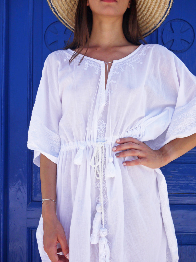 Aphrodite Long Embroidered Kaftan with Evil Eye - White Buggy NYC Aphrodite Long Embroidered Kaftan with Evil Eye - White Buggy NYC