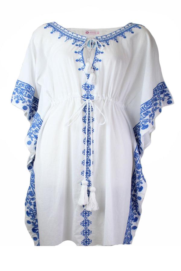 Danae Short Embroidered Kaftan with Evil Eye - Grecian Blue