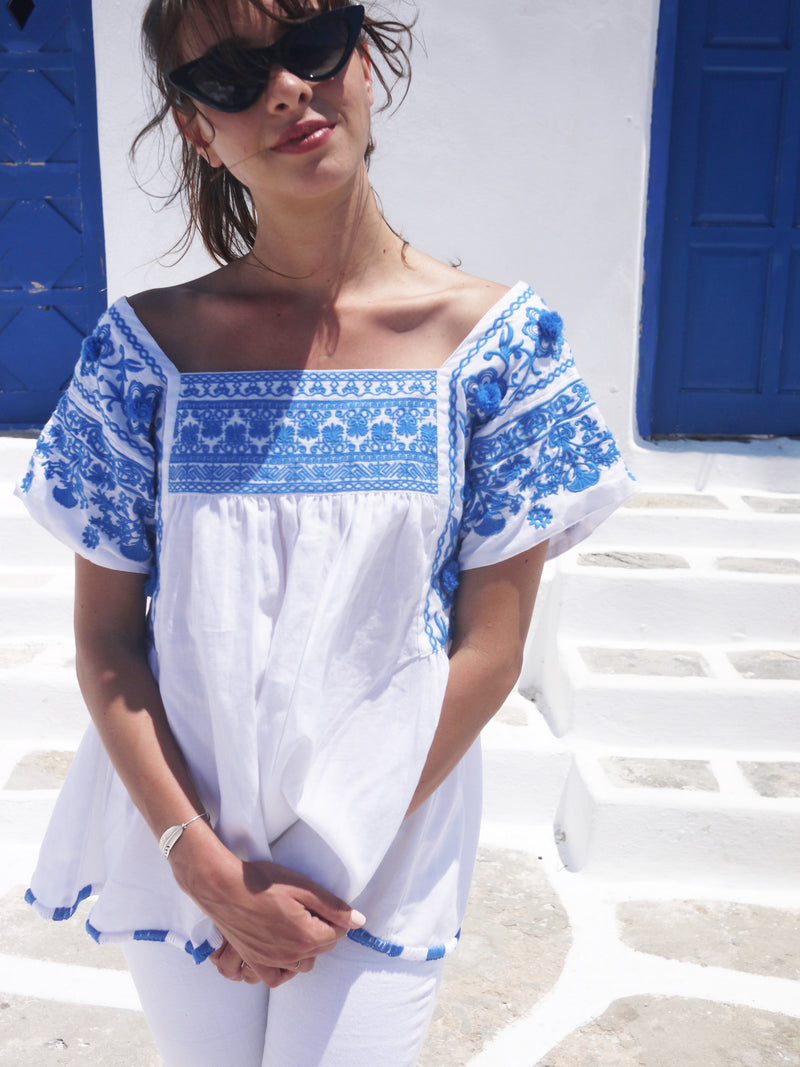 Paros Embroidered Blouse - Grecian Blue