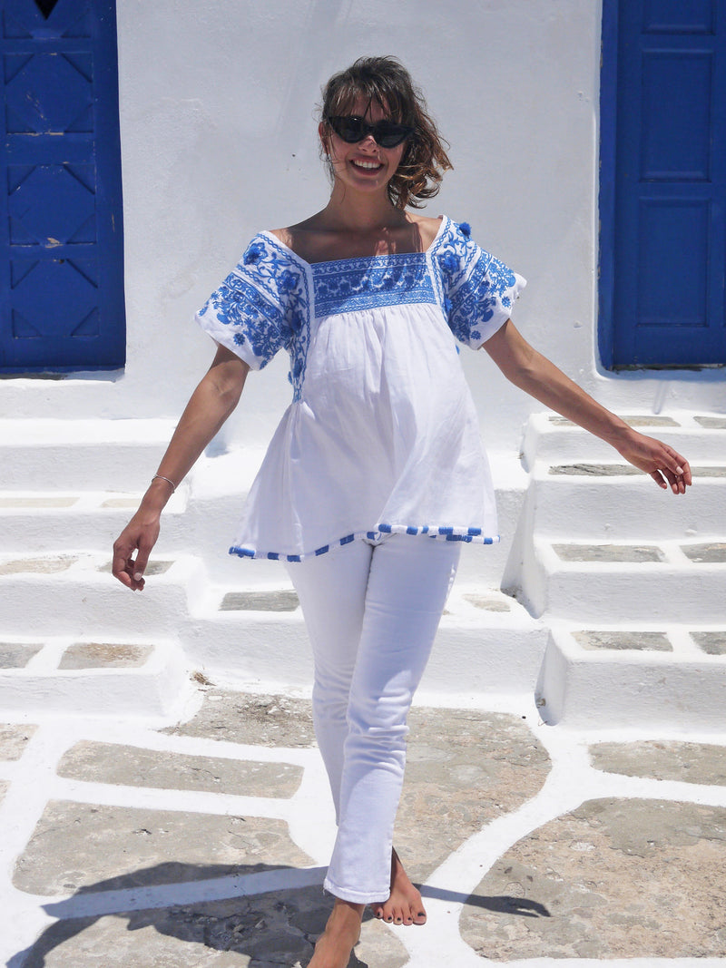 Paros Embroidered Blouse - Grecian Blue