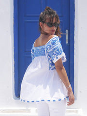 Paros Embroidered Blouse - Grecian Blue