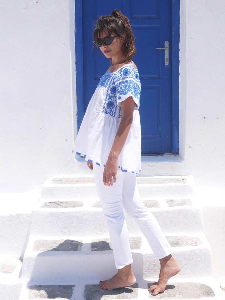 Paros Embroidered Blouse - Grecian Blue