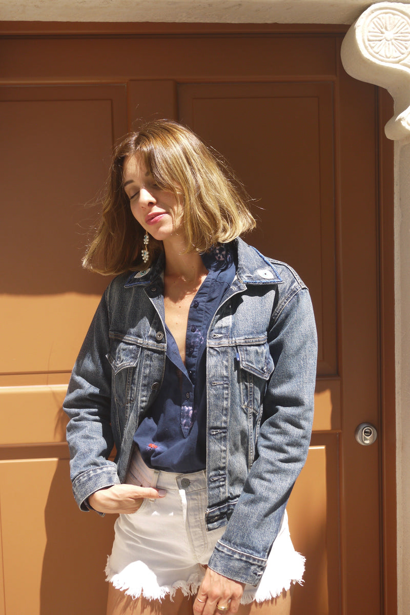 Hand Embroidered French Knot Evil Eye Denim Jacket